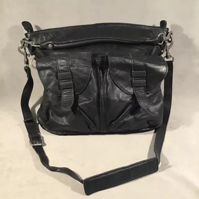 PV08137 Vintage Black Leather Liebeskind Berlin Lg Shoulder Satchel Tote Pockets