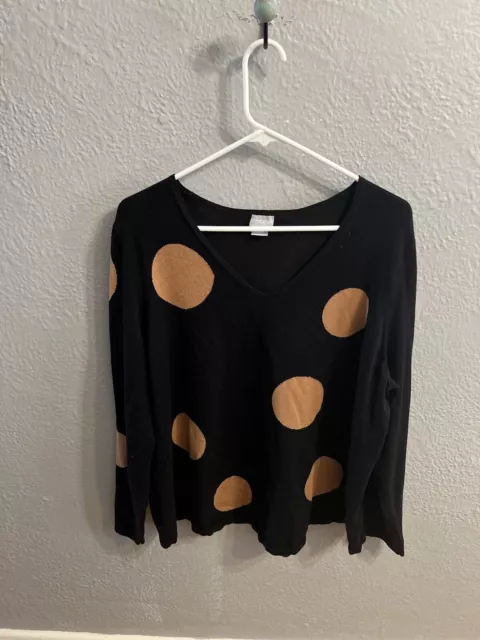 Chicos Size 4 Black V-Neck Pullover Polka Dot Long Sleeve Sweater Womens