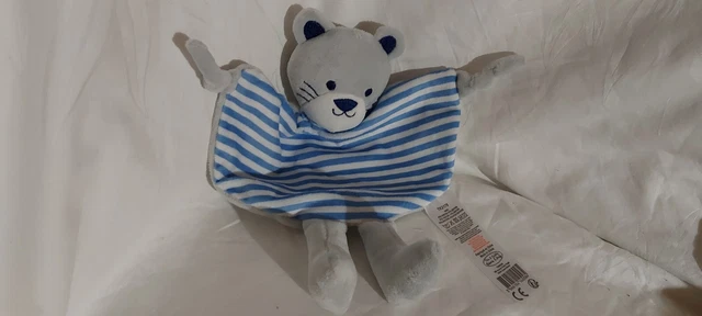 DOUDOU TOM ET KIDDY BISOUS D'ANGE CHAT PLAT GRIS RAYE BLEU BLANC GRELOT neuf