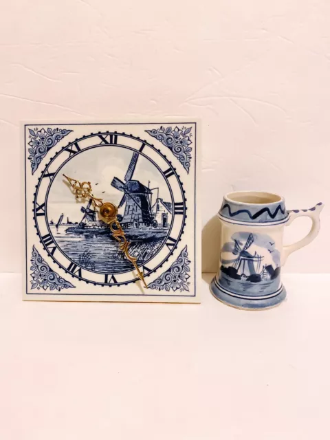 Vintage 1960s Delft Blue Dutch Windmill Tile Clock & Holland Delft Pottery Mug