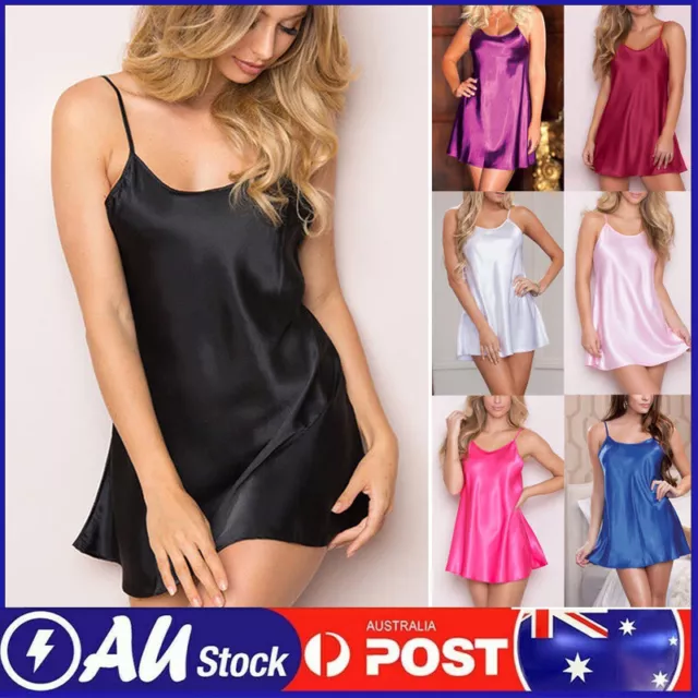 Women Nightdress Stain Slip Silk Negligee Nightie Sexy Lace Nightgown Pajamas AU