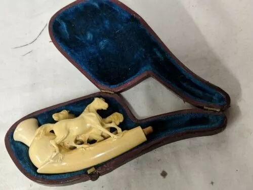 19th Century Carved Meerschaum style Pipe, modelled as 2 Horses with Case