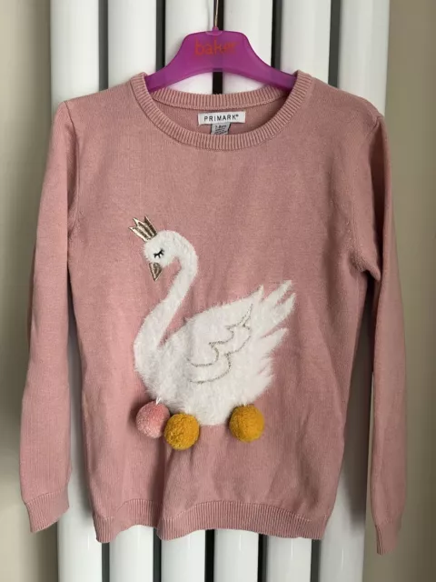 Girls Pale Pink Jumper / Swan - Size 7-8 Years / 128cm