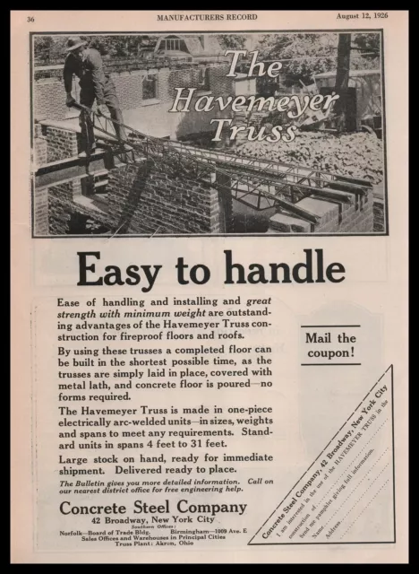 1926 Havemeyer Truss Construction Photo Concrete Steel Co New York City Print Ad