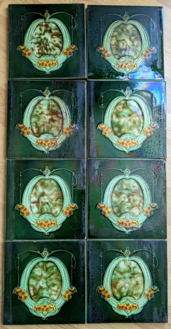 Antique Art Nouveau Ceramic Majolica Tiles - tubelined - Set of 8
