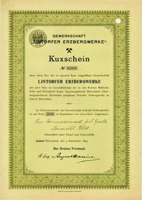 Lintorfer Erzbergwerke Lintorf Kuxschein 1899 Ratingen Mülheim Haniel Bergbau