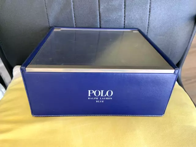 Ralph Lauren Polo Blue Empty Leather Storage  Container 8.5" X 8.5" X 4" Acrylic