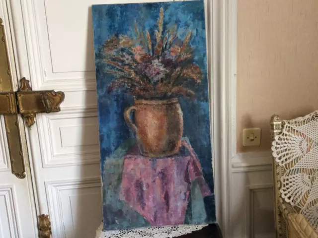 Grand tableau « Poterie aux Fleurs » Huile Sur Toile .