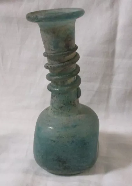 Ancient Roman  Iridsecent  Aqua Glass Artifact Bottle Vase  Albastron?  5 3/4"