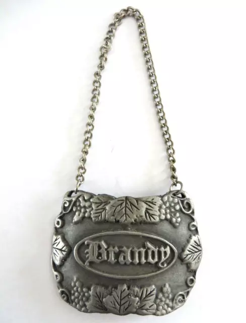 Vintage Bacchus Pewter USA Brandy Liguor Bottle Decanter Hanging Tag Label Chain 2