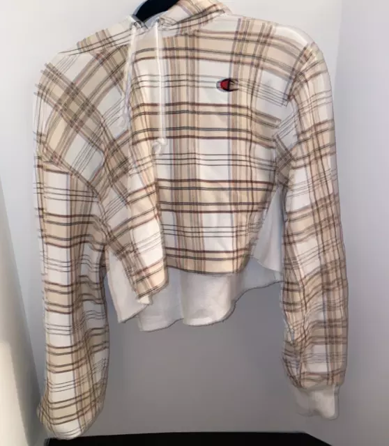 Champion Crop Sweater Womens M Medium Plaid Striped Hoodie Reverse Weave