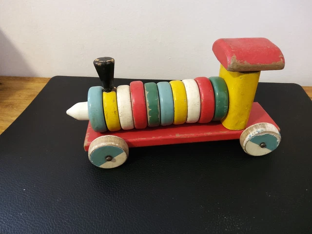 ANCIEN GRAND TRAIN Jouet En Bois 3 Wagons Plus Locomotive EUR 20,30