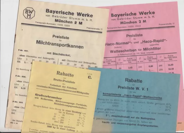 Bayerische Werke von Gebrüder Stumm München Milchkannen Preislisten 1935 Rabatte