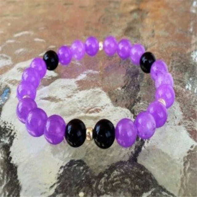 Bracelet 8 mm Améthyste noir onyx Mala 7,5 pouces Reiki Yoga Bénédiction