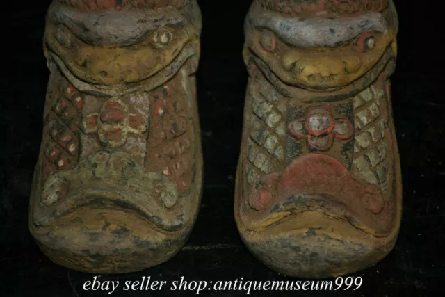 6.8" Old China Han Dynasty Color Painting Pottery Palace Beast Head Shoe Boots 3