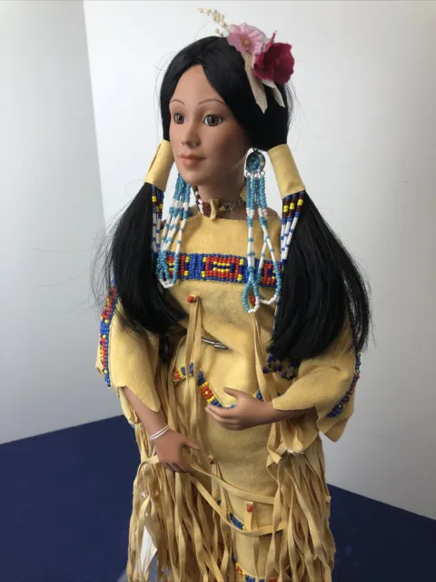 16.5” Danbury Mint Porcelain Doll J Belle Beautiful Native American W/ Beading O