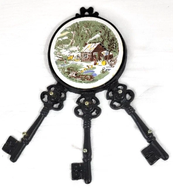VTG Black Cast Iron Skelton Key Holder MCM Cabin Rustic Ceramic Picture 6 Hooks