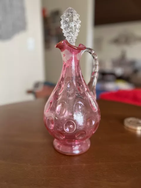 Fenton vintage crystal cut glass wine decanter pink scallop dot hand blown