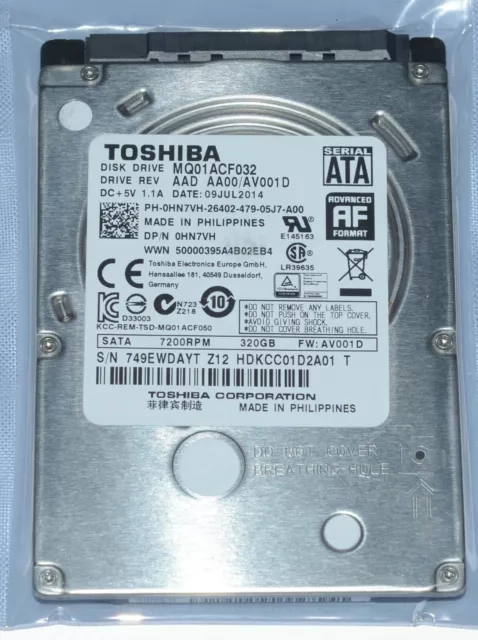 Toshiba 320GB 7200RPM 2,5" SATA Laptop Festplatte MQ01ACF032 Thin HDD  7MM