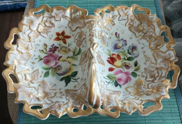Antique Fine German Porcelain Kpm Lg Lobe Dish Hand Painted & Heavy Gold
