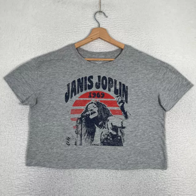 Janis Joplin Shirt Womens Large L Ash Gray Cropped Short Sleeve Crewneck