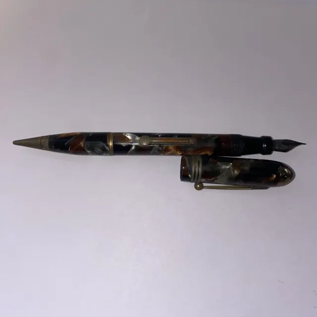 Vintage Marbled Brown Silver Fountain Pen Mech Pencil Combo New Banker