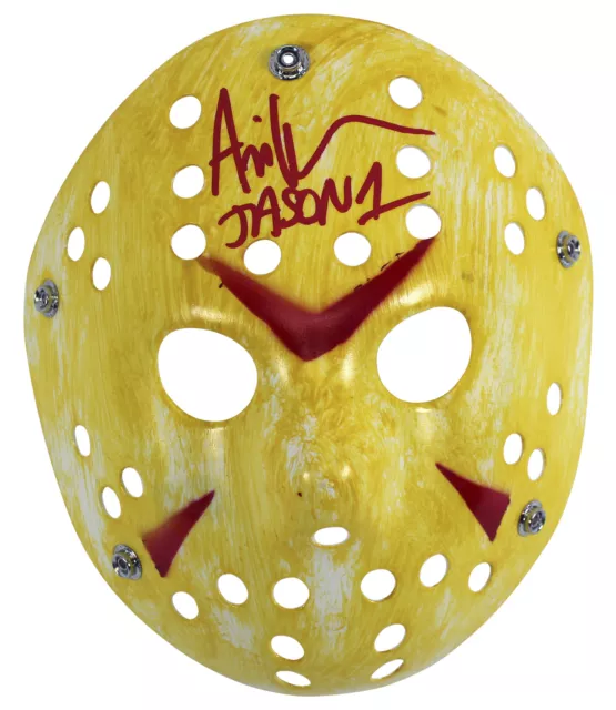 Ari Lehman Friday The 13th "Jason 1" Signed Yellow Jason Mask w/ Red Sig BAS Wit