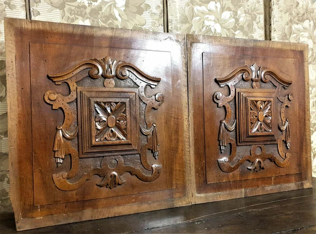 Pair drapery rosette wood carving panel - Antique french architectural salwage .