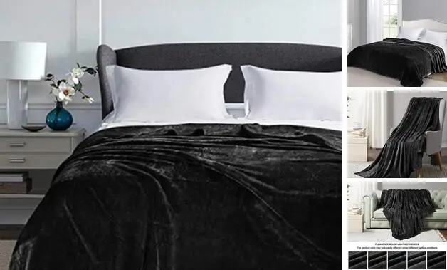 Mantas de lana talla queen mantas para cama y sofá, felpa 90""x90"" negras