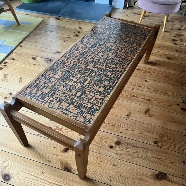 Vintage Etched Copper Topped Teak Coffee Table Danish Scandi Mid Century