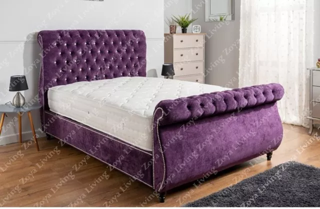 Chesterfield Swan Sleigh Bed Frame Naples Upholstered Soft Fabric Storage Bed Uk