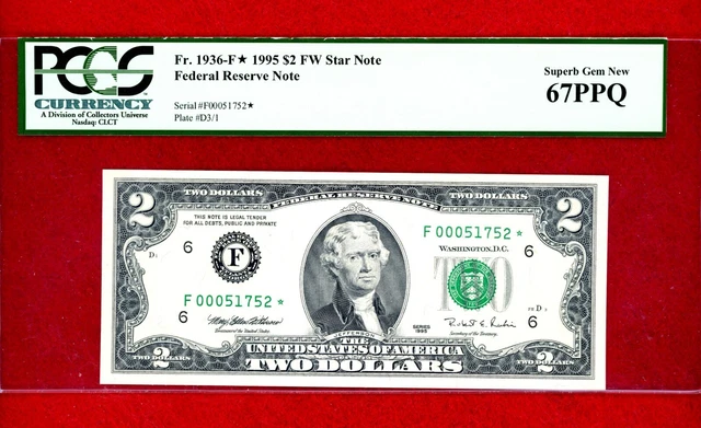 STAR NOTE 1995 $2 Fr. 1995* Federal RESERVE NOTE PCGS SUPERB GEM NEW 67 PPQ FW