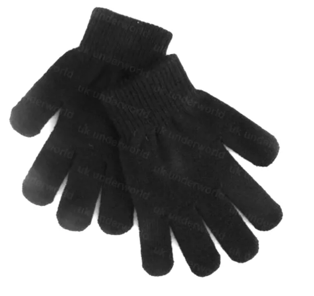 Boys Girls Gloves Childrens Plain Black Magic Stretch Kids Winter Warm 2 pack