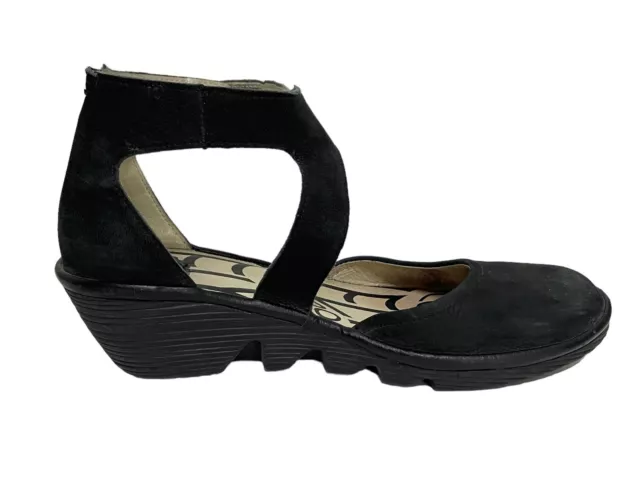 FLY LONDON Piat Black Suede Ankle Strap Low Wedge Mary Jane Shoes EU37/ US 7