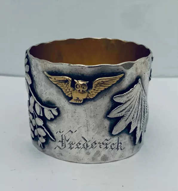 Shiebler Aesthetic Sterling Napkin Ring Applied Bird Owl Butterfly Foliage 1885