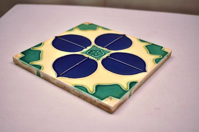 Vintage Japan Tile Majolica Art Nouveau Danto Kaisha Porcelain Blue Leaf Four"86 3
