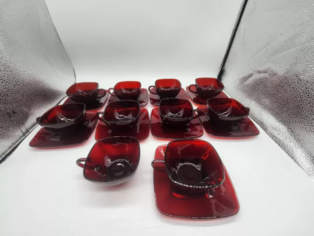 Vtg Anchor Hocking Royal Ruby Red Glass Charm Square Cups & Saucers Set Of 9 Mcm
