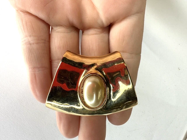 Vintage Necklace Pendant Tube Slide Simulated Pearl Shiny Gold Tone Metal