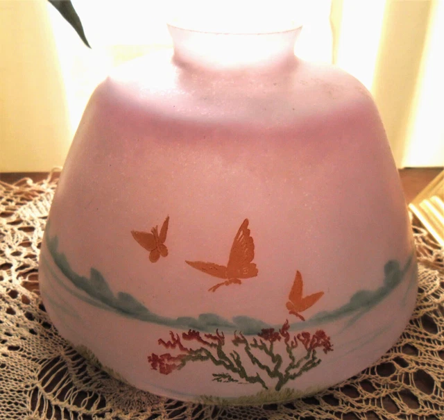 Antique Hand Painted Pink Satin Glass Lamp Shade with Butterflies  2" Fitting