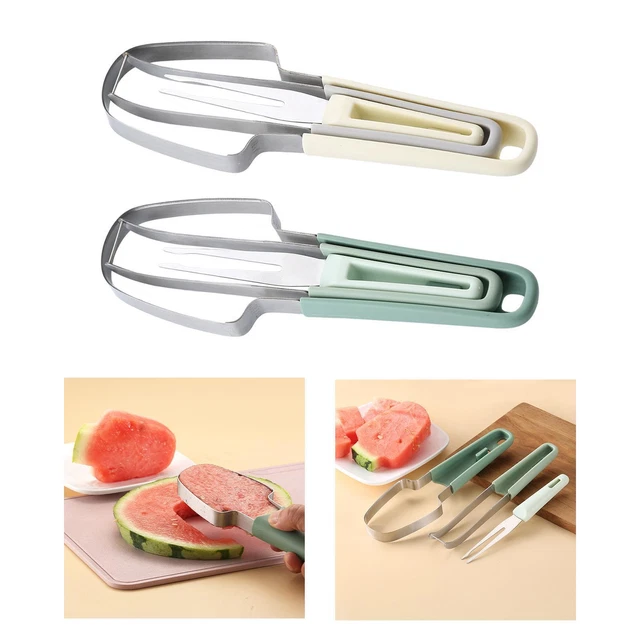 Vordpe Coupe-pastèque 3 en 1, coupe-pastèque, coupe-pastèque, coupe-pastèque, coupe-melon en acier inoxydable, fourchettes à fruits pour le camping (Beige