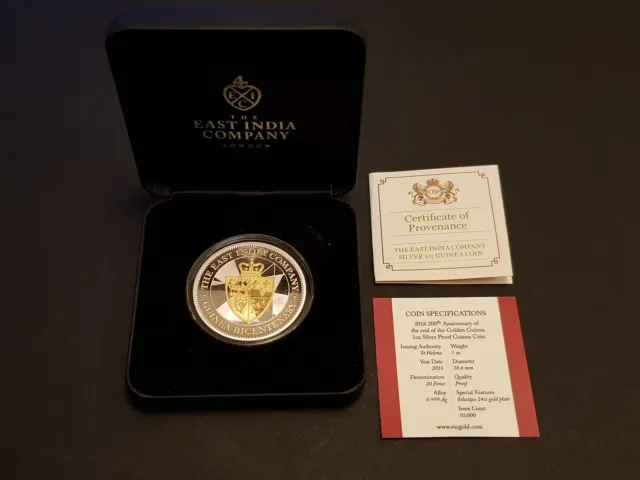 2016 East India Company 1oz .999 Silver Proof Guinea Bicentenary Coin + COA, Box
