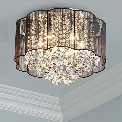 Black Modern Crystal Raindrop Drum Chandelier Lighting Mount Ceiling Light