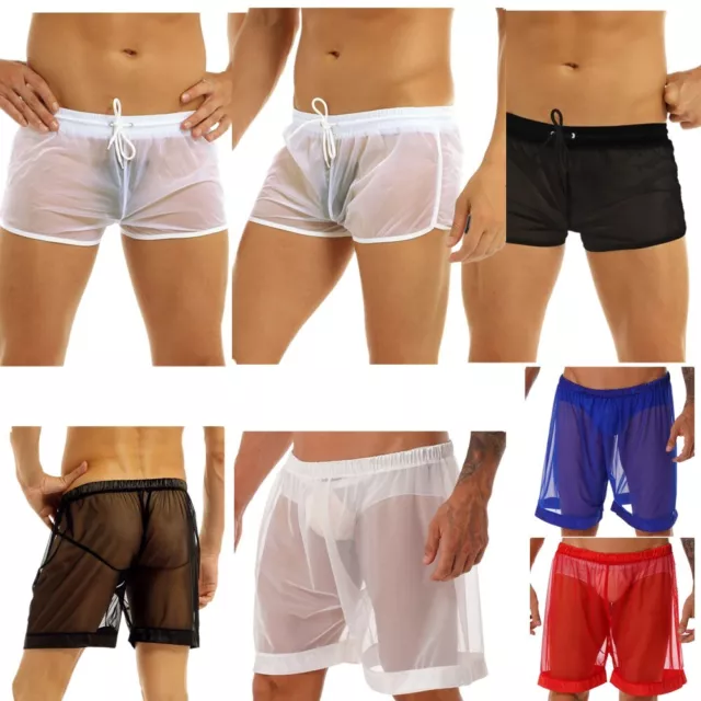 Mens Sheer Mesh Loose See-Through Boxer Shorts Underwear Swim Trunks Swimwear