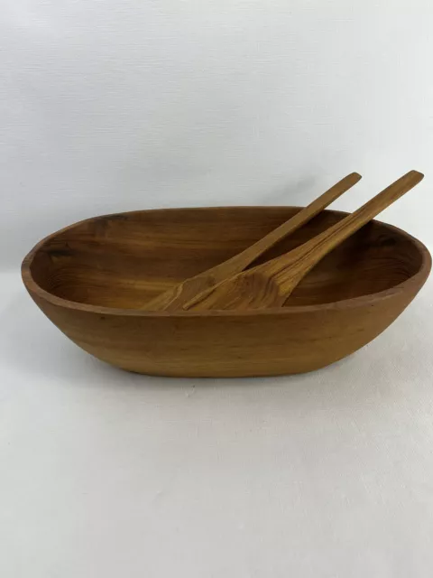 Vintage Kalmar Solid Teak Wood Bowl 15X10 Oval Farmhouse Salad w/ Servers