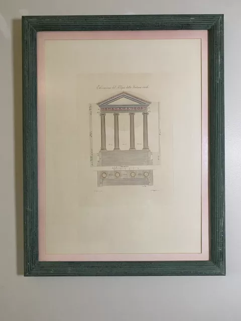 Antique Roman Temple Architectural Drawing Fortuna Art Watercolor Etching 27x25