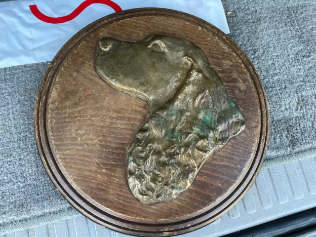 Vintage Metal on Wood  Dog Head Relief Profile Plaque