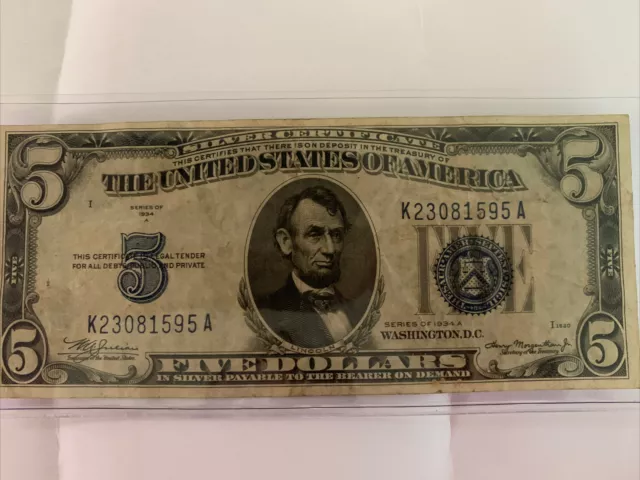 1934 A Series  Five Dollar Silver Certificate Blue Seal Note