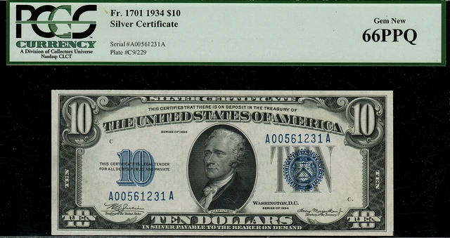 1934 $10 Silver Certificate FR-1701 - Graded PCGS 66PPQ - Gem New