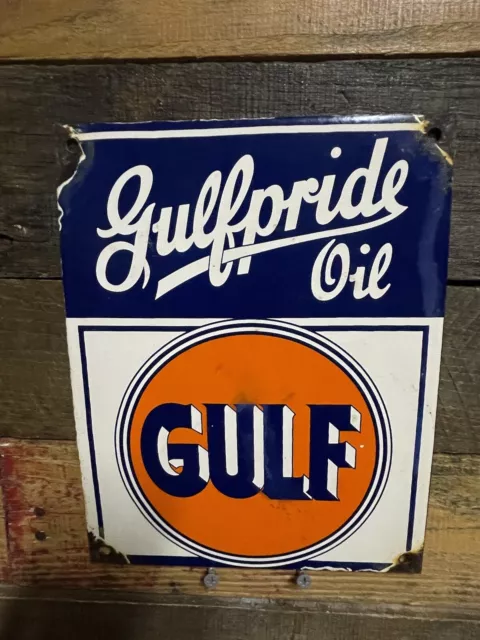 Vintage Gulf Porcelain Sign Gulfpride Motor Oil Placard Gasoline Gas Station