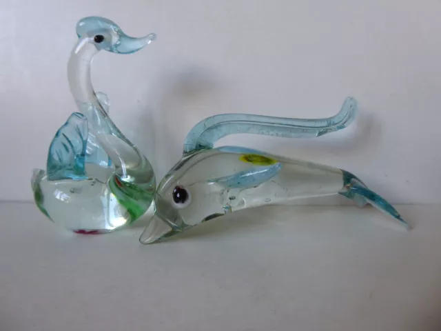 Job lot of two vintage mini glass dolphin and duck figurines